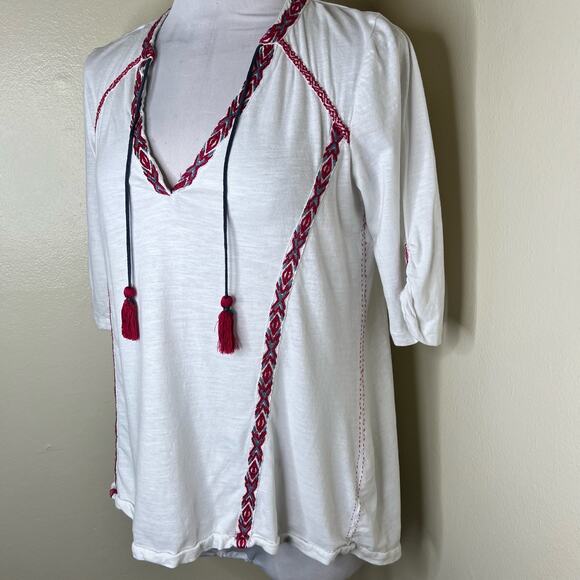Anthropologie Paper Locket Peasant Top SMALL Embroidered Tasseled Cotton Red - Picture 3 of 9